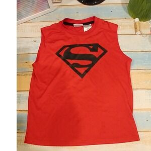 Boys Superman Sleeveless T Shirt Red Black S Logo Active Wear Size M PRELOVED